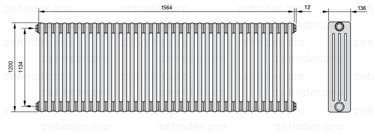 Схема (чертеж) Радиатор Zehnder Charleston 4120/34 №1270 Белый глянцевый RAL 9016